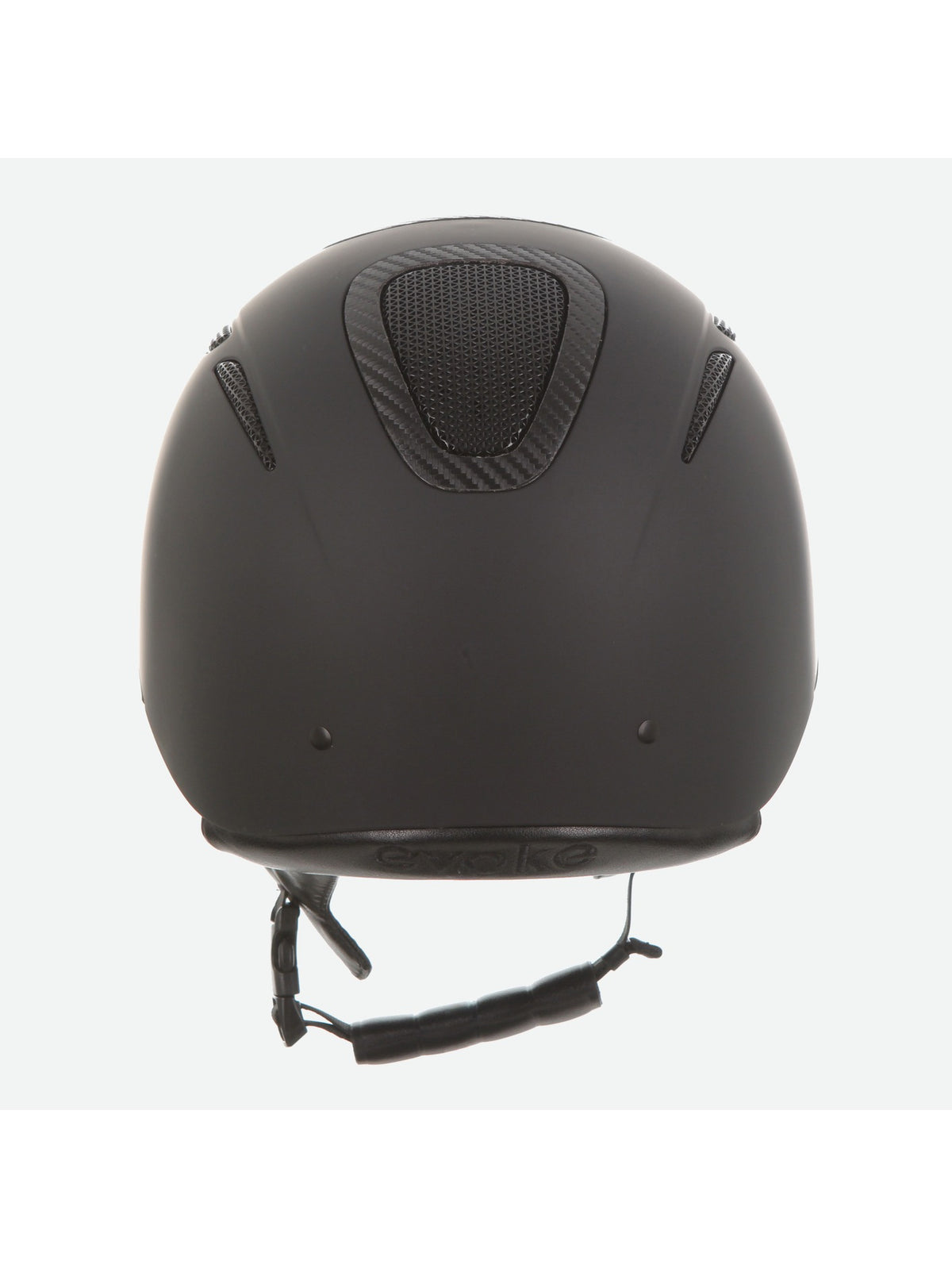 A matte black equestrian riding helmet shown from the back, featuring a textured mesh ventilation panel and a chin strap, set against a plain light gray background.