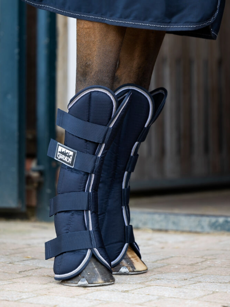 Navy protective leg wraps on a horse's legs with a blurred background