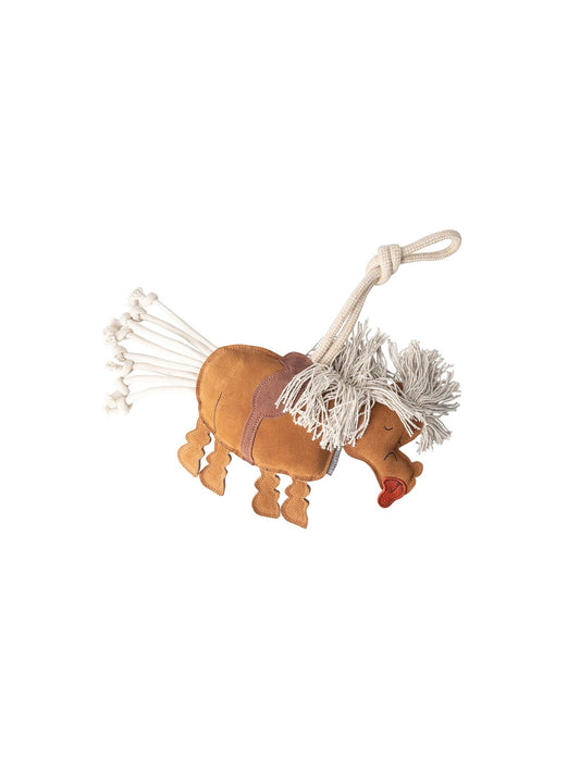 Hy Equestrian Thelwell Collection Stable Toy Kipper, a brown suede pony toy with a rope mane and tail and a rope loop for hanging