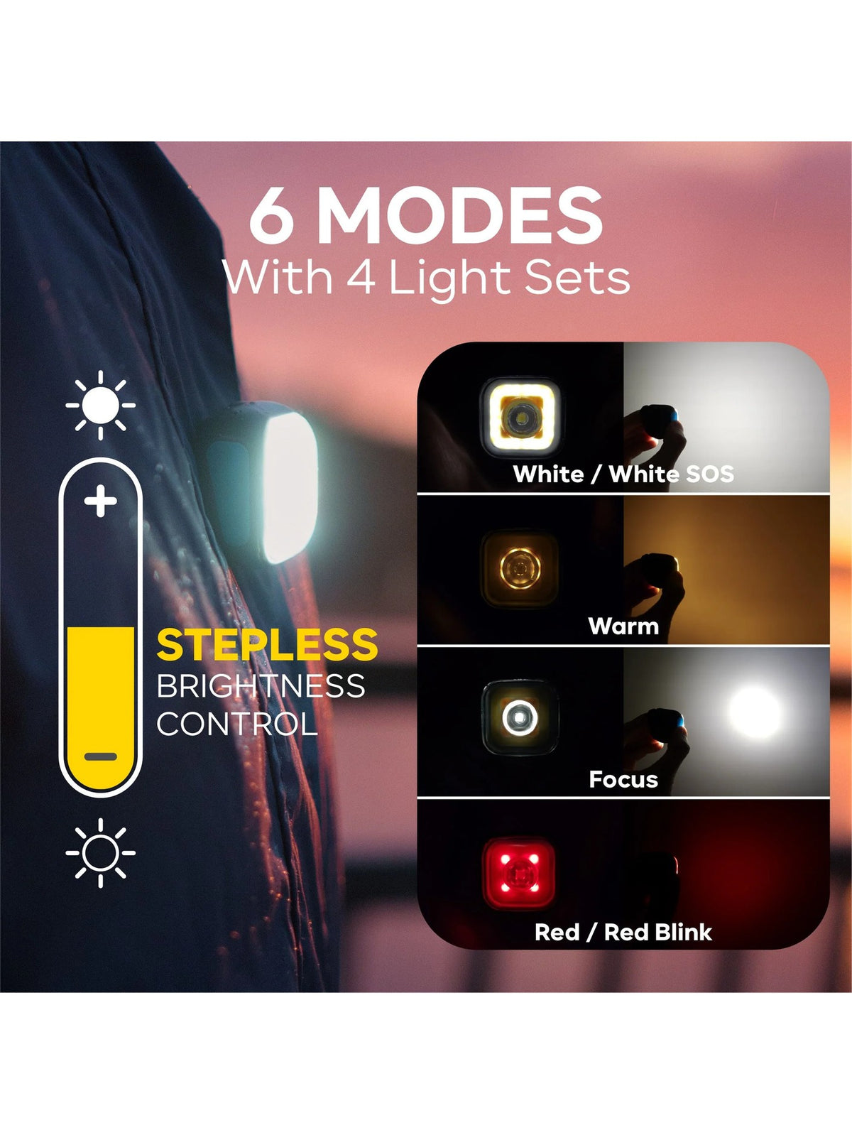 Meolinq LightPlus | 6 light modes | Stepless brightness control | White, warm, focus and red