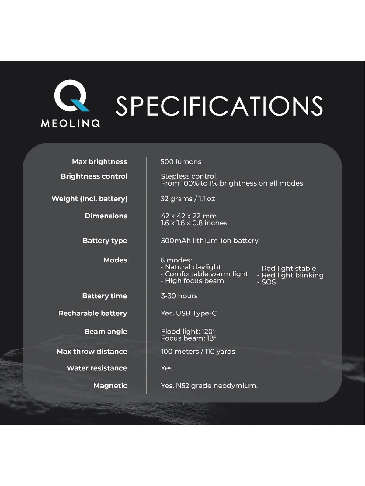 Meolinq LightPlus | Specifications | 32g | 42 x 42 x 22mm | Water resistant
