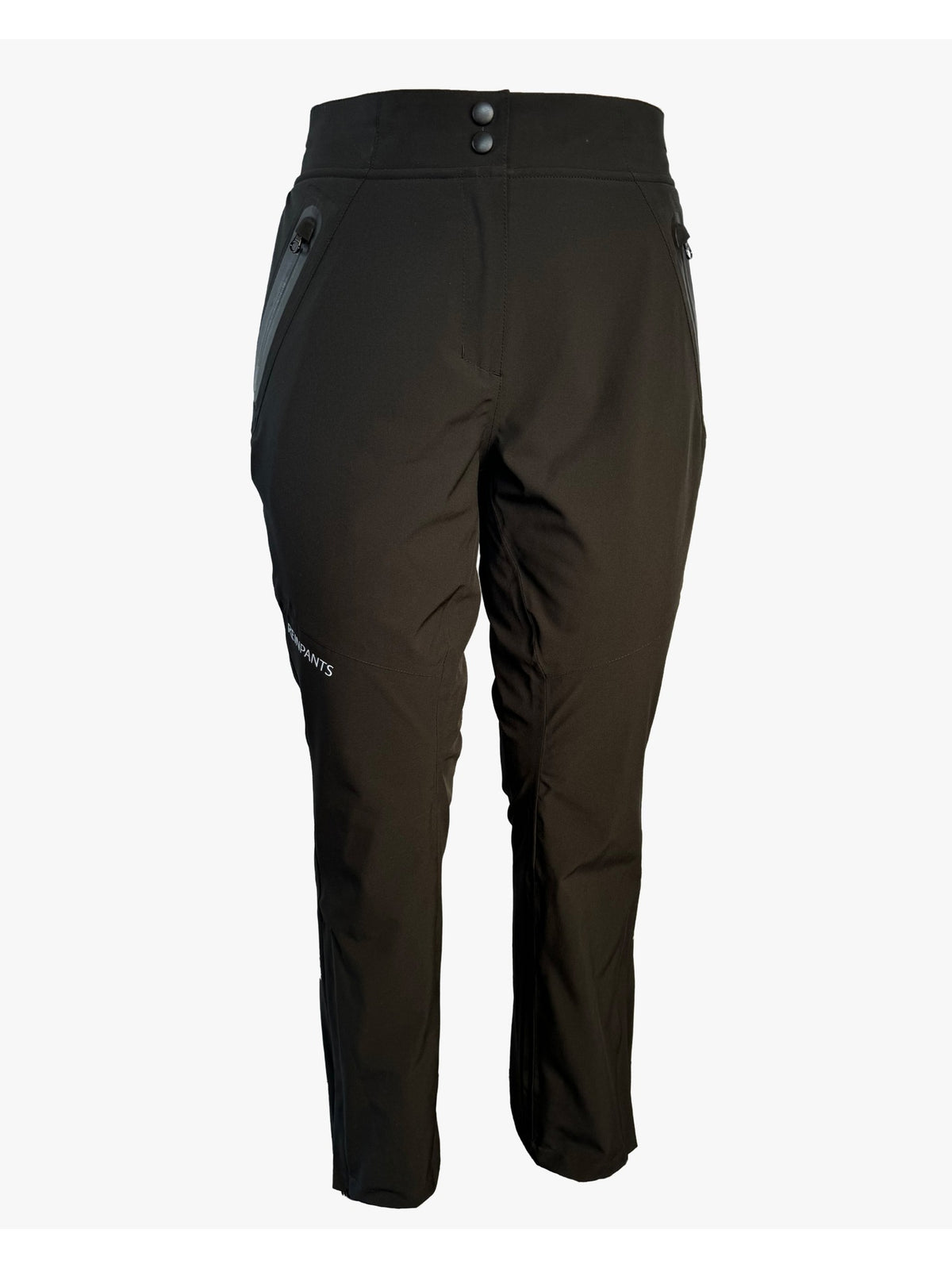 Black technical outdoor pants with side zippered pockets and a small white logo on the lower left leg, shown against a plain light gray background.