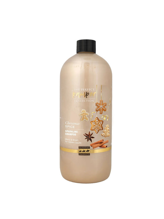 Supreme Products Christmas Spice Sparkling Shampoo in a 1 litre gold bottle with gingerbread and cinnamon artwork