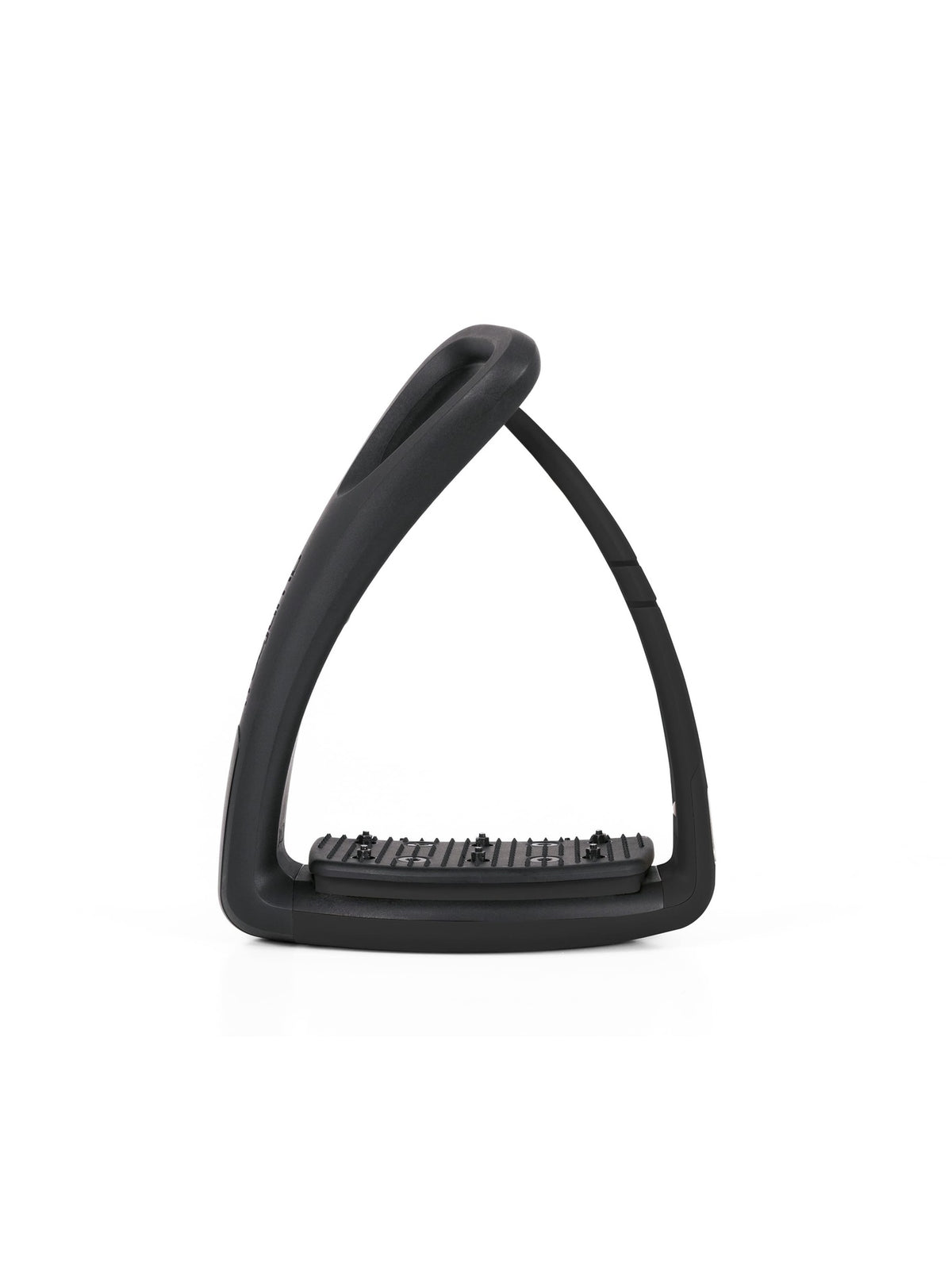 Freejump Soft'Up Pro safety stirrup in Black/Black, front view showing the black flexible outer branch and studded tread