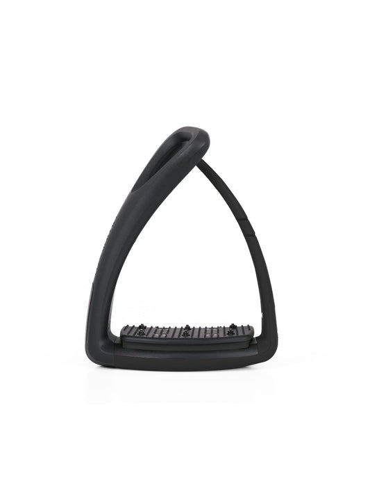 Freejump Soft'Up Pro safety stirrup in Black/Black, front view showing the black flexible outer branch and studded tread