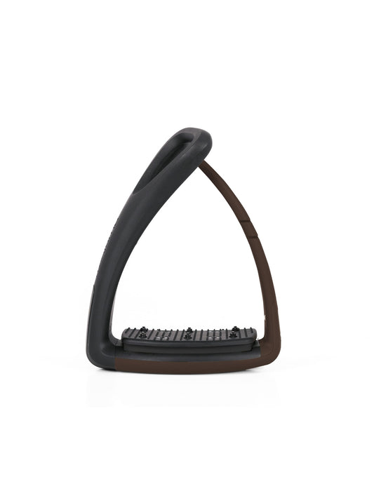 Freejump Soft'Up Pro safety stirrup in Black/Choco, front view showing the choco brown flexible outer branch and studded tread