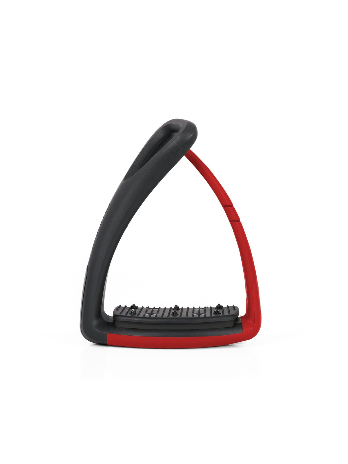 Freejump Soft'Up Pro safety stirrup in Black/Hot Pepper Red, front view showing the hot pepper red flexible outer branch and studded tread