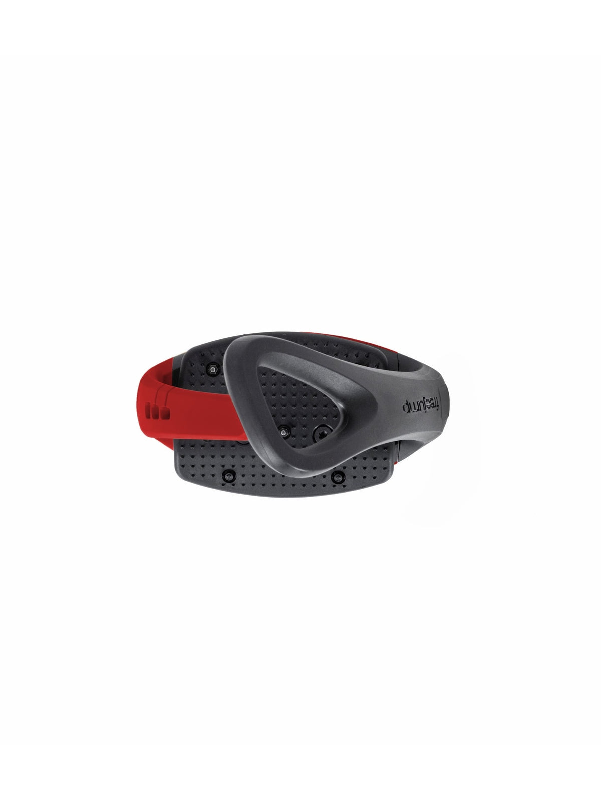 Freejump Soft'Up Pro safety stirrup in Black/Hot Pepper Red, top view of the angled eye and studded tread
