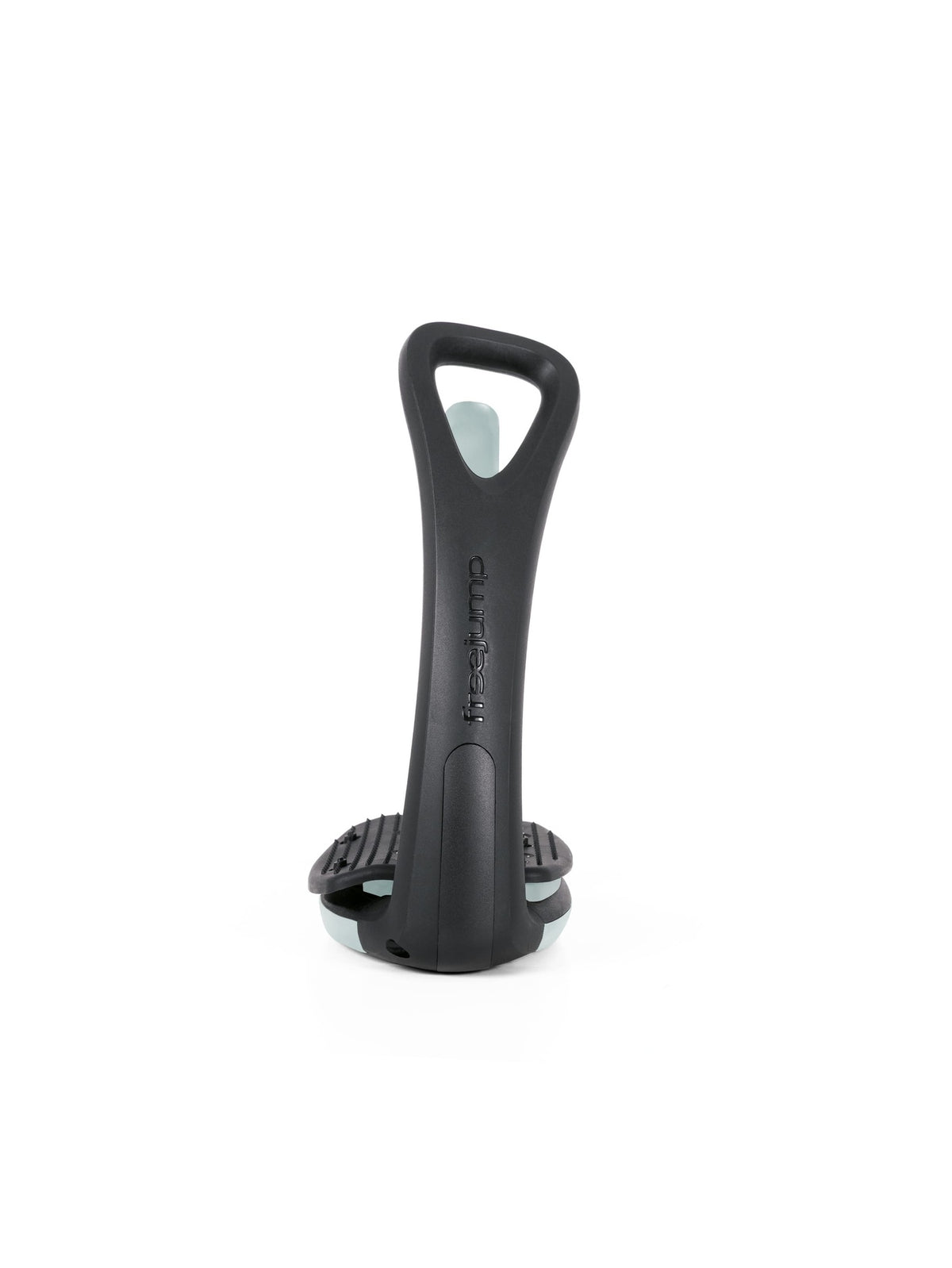 Freejump Soft'Up Pro safety stirrup in Black/Icy Grey, side profile of the black spring steel branch and 45° angled eye