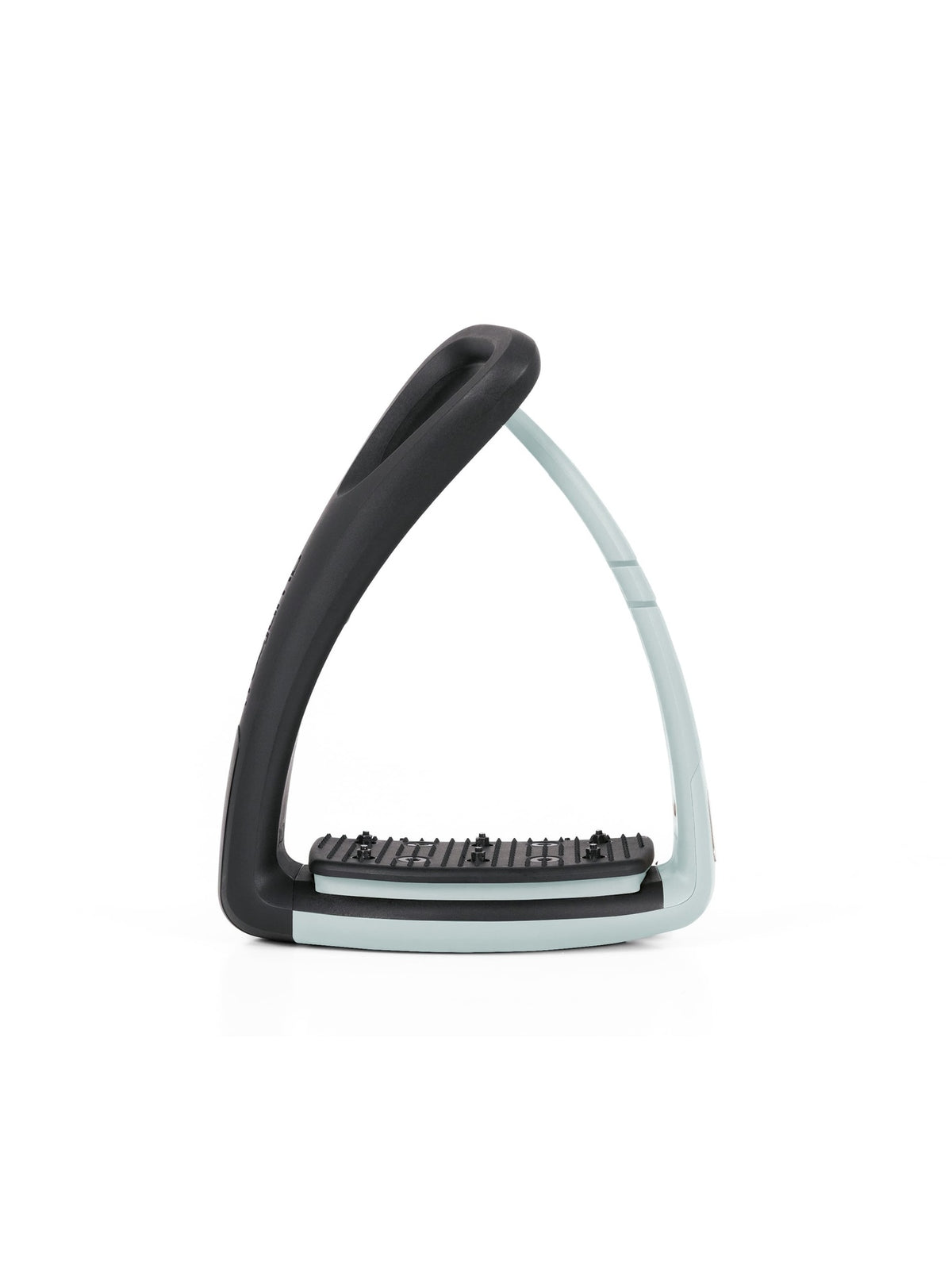 Freejump Soft'Up Pro safety stirrup in Black/Icy Grey, front view showing the icy grey flexible outer branch and studded tread