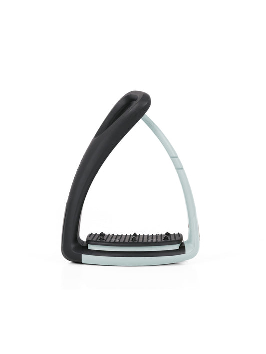 Freejump Soft'Up Pro safety stirrup in Black/Icy Grey, front view showing the icy grey flexible outer branch and studded tread