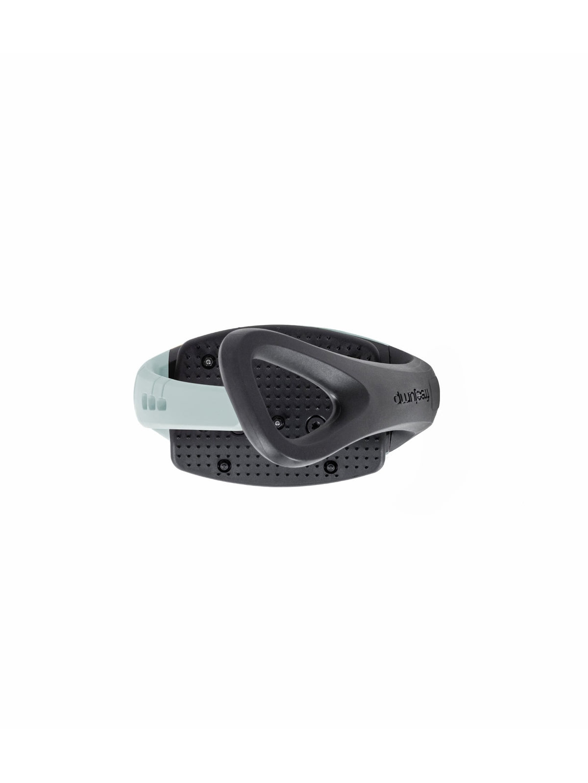 Freejump Soft'Up Pro safety stirrup in Black/Icy Grey, top view of the angled eye and studded tread