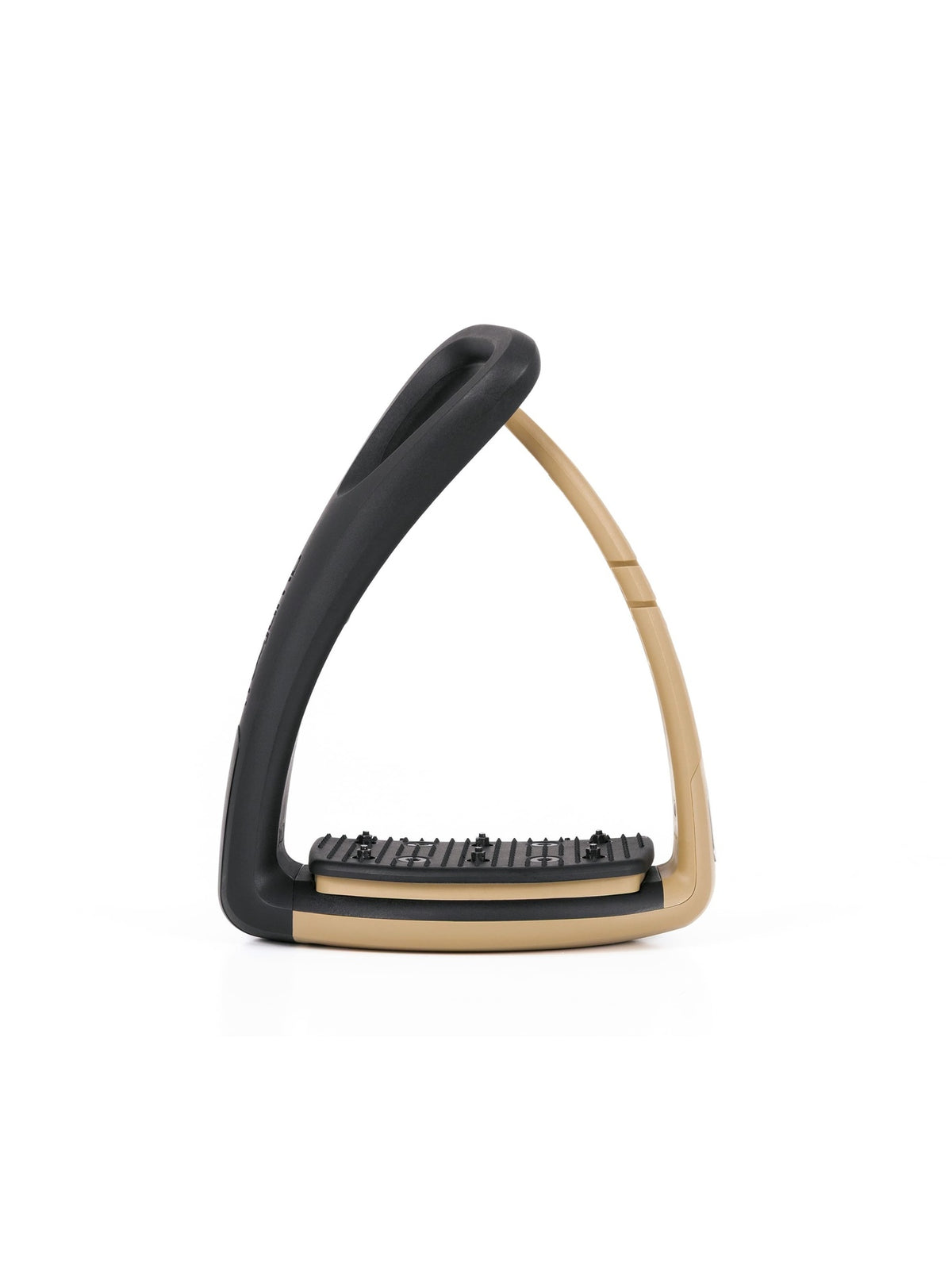 Freejump Soft'Up Pro safety stirrup in Black/Latte, front view showing the latte flexible outer branch and studded tread