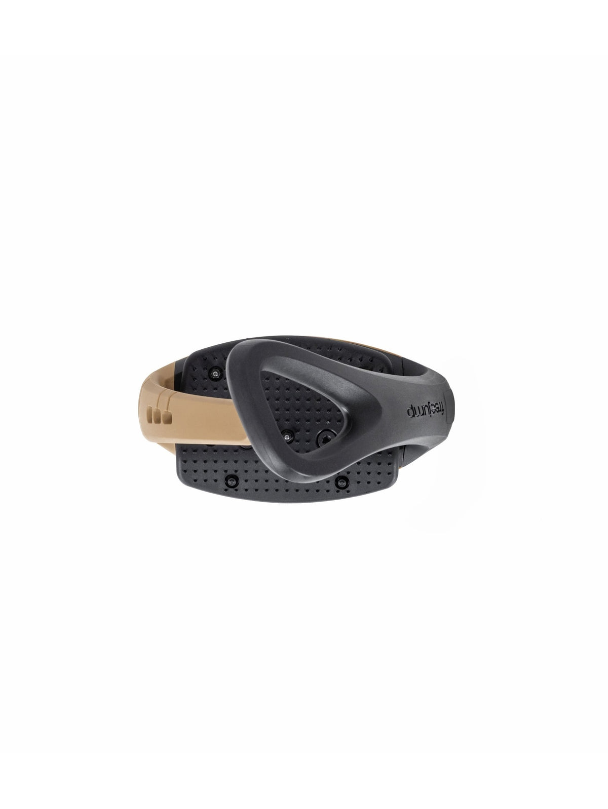 Freejump Soft'Up Pro safety stirrup in Black/Latte, top view of the angled eye and studded tread