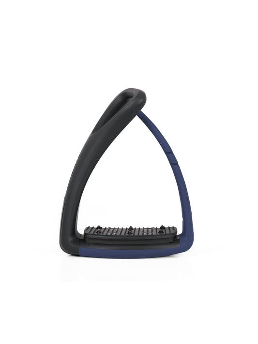 Freejump Soft'Up Pro safety stirrup in Black/Pearl Navy, front view showing the pearl navy flexible outer branch and studded tread