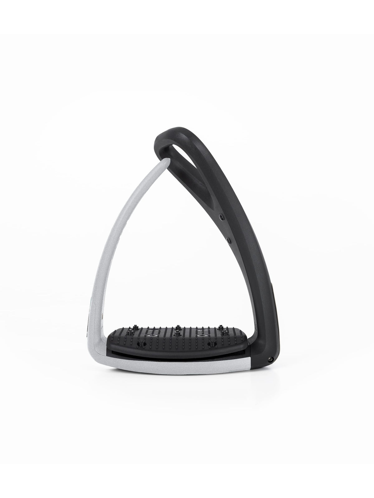 Freejump Soft'Up Pro safety stirrup in Black/Silver, rear view of the open silver outer branch