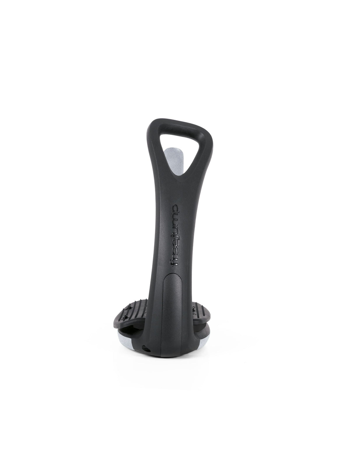 Freejump Soft'Up Pro safety stirrup in Black/Silver, side profile of the black spring steel branch and 45° angled eye