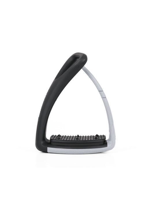 Freejump Soft'Up Pro safety stirrup in Black/Silver, front view showing the silver flexible outer branch and studded tread