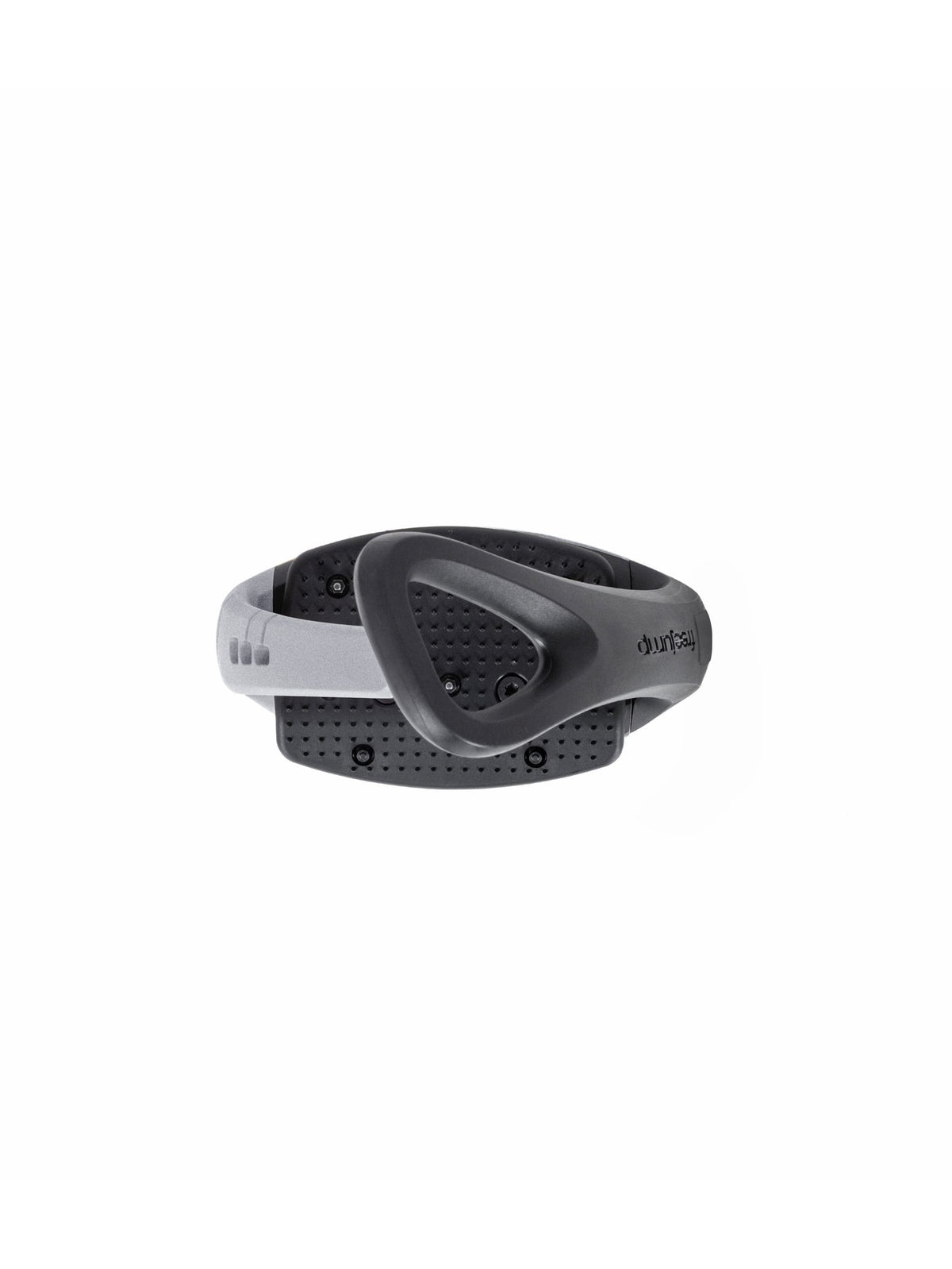 Freejump Soft'Up Pro safety stirrup in Black/Silver, top view of the angled eye and studded tread