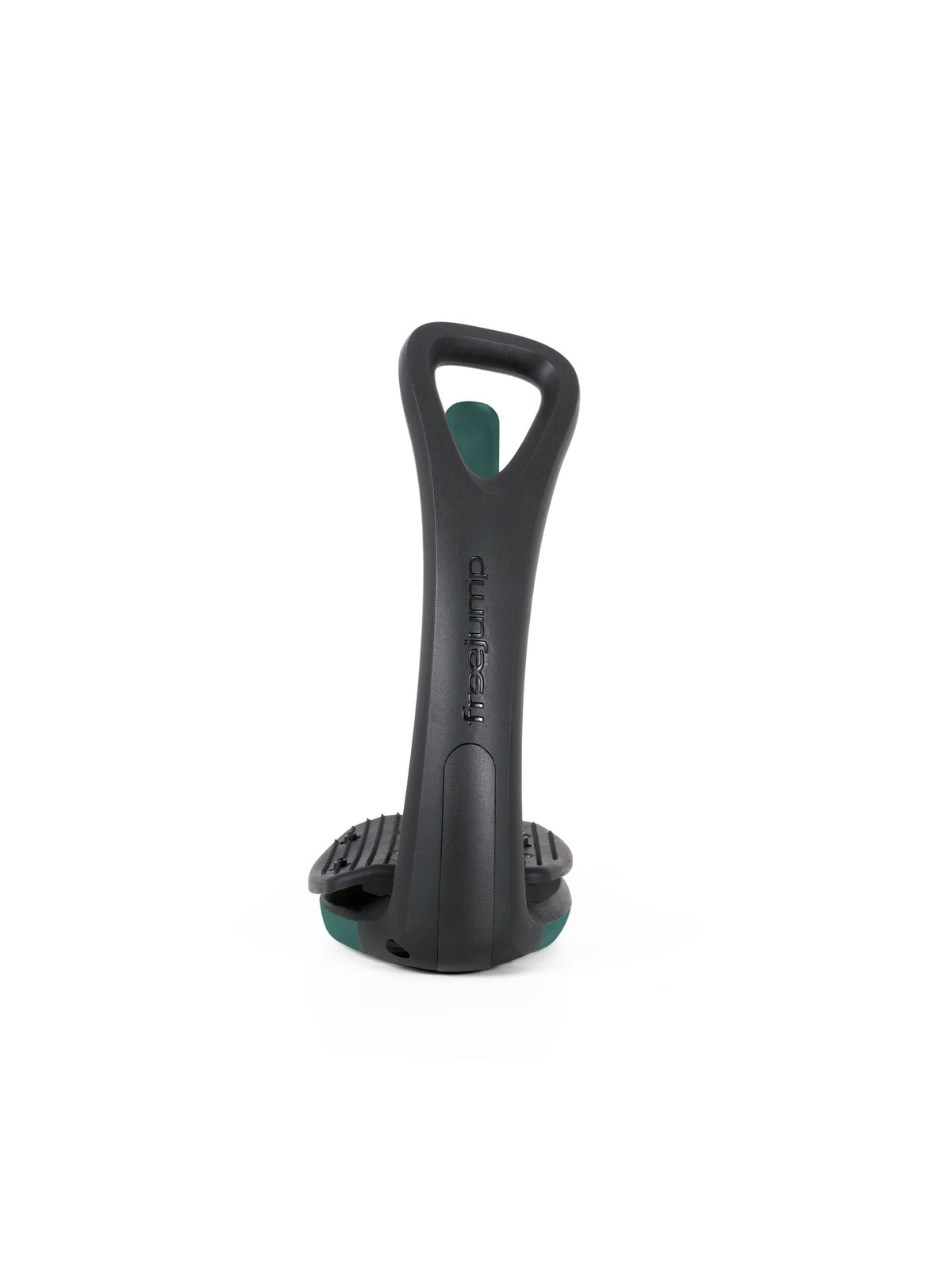 Freejump Soft'Up Pro safety stirrup in Black/Teal, side profile of the black spring steel branch and 45° angled eye