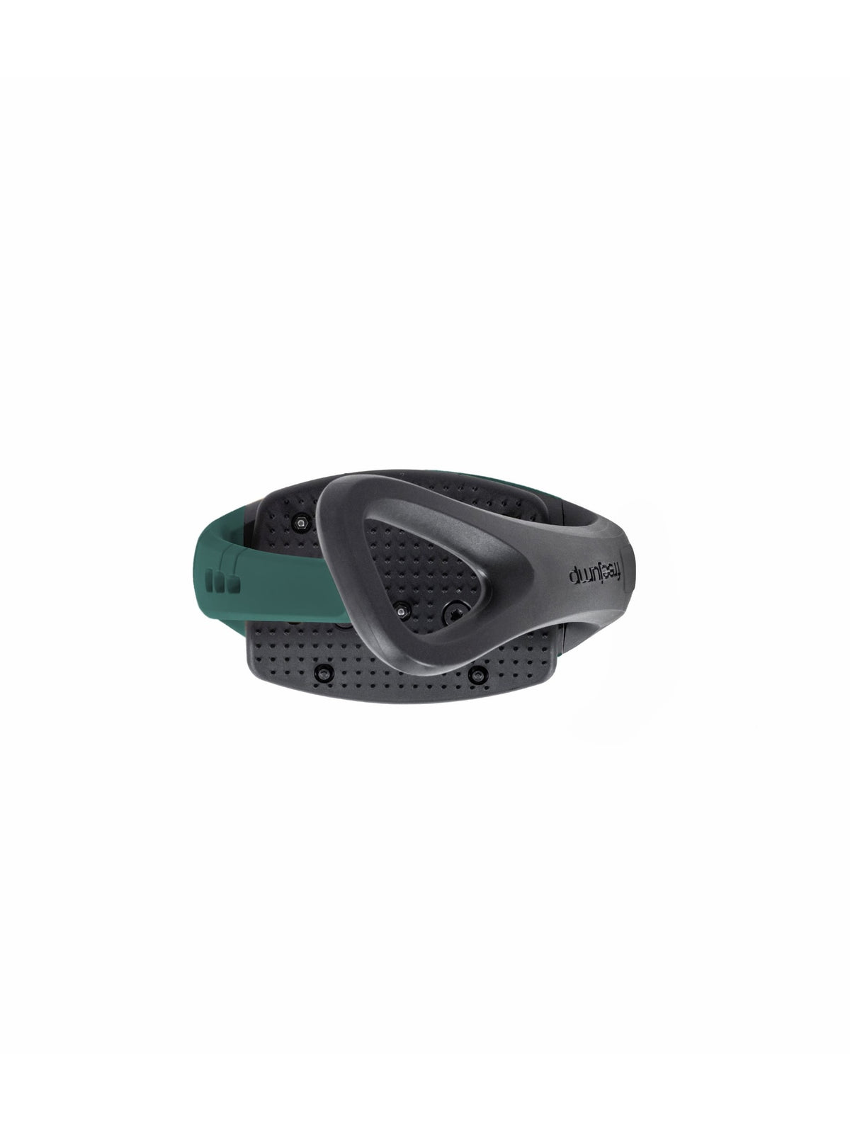Freejump Soft'Up Pro safety stirrup in Black/Teal, top view of the angled eye and studded tread