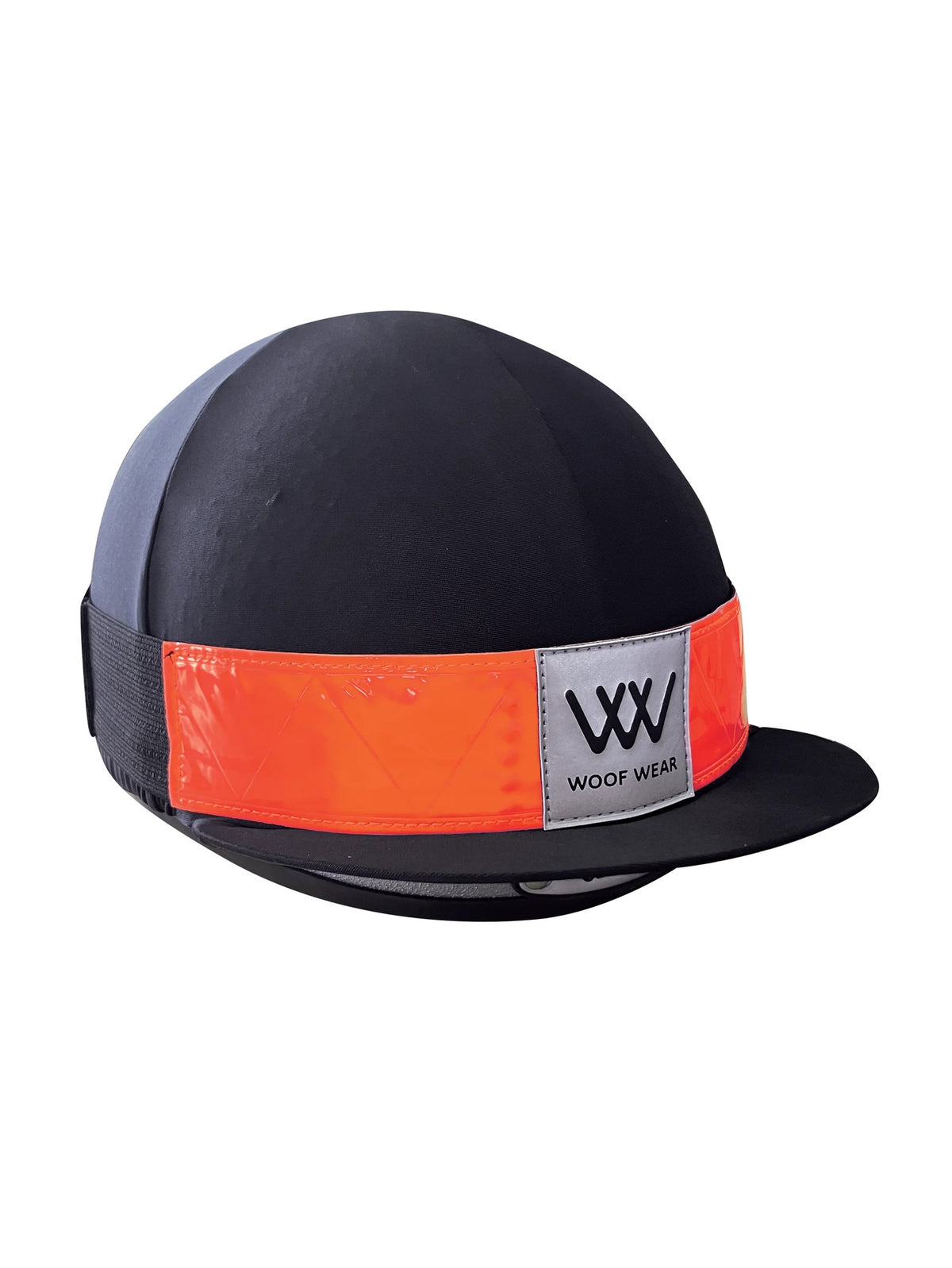 A black equestrian riding crop cover with a bright orange reflective band and a silver Woof Wear brand patch on the front, shown against a plain white background.