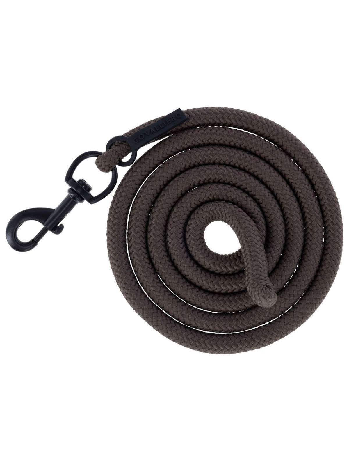 A coiled brown horse lead rope with a black metal snap hook clasp, shown on a plain white background.