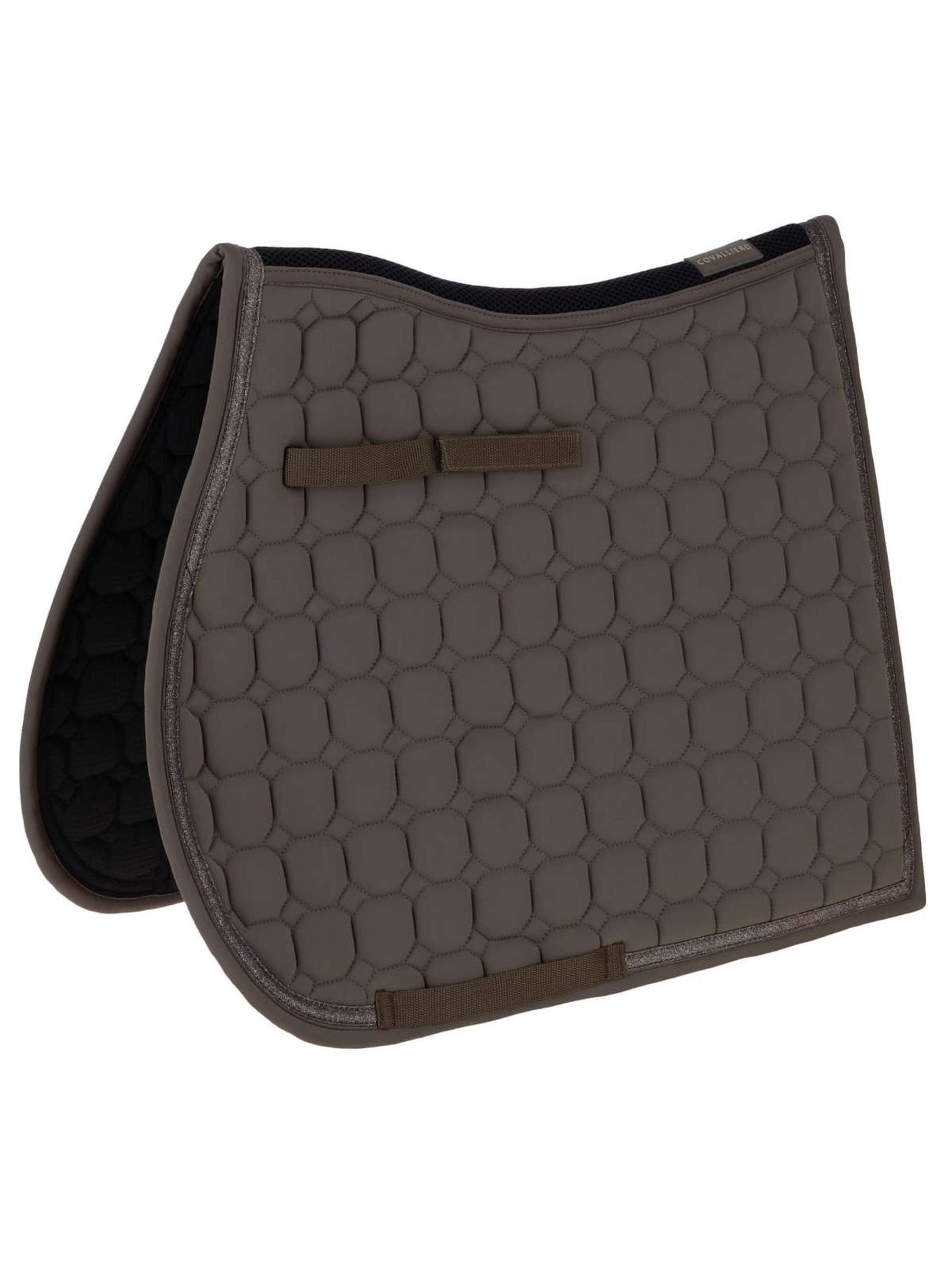 A dark taupe brown quilted equestrian saddle pad with a hexagonal pattern, featuring a matching leather strap and black interior padding, shown on a plain white background.
