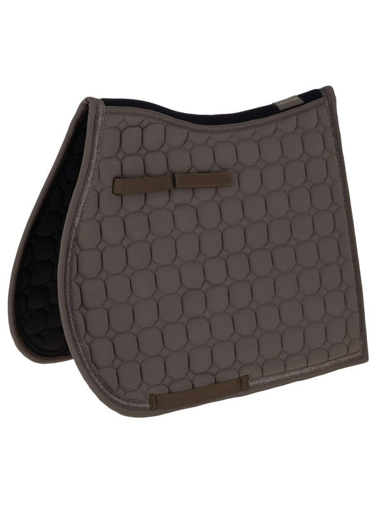 A dark taupe brown quilted equestrian saddle pad with a hexagonal pattern, featuring a matching leather strap and black interior padding, shown on a plain white background.