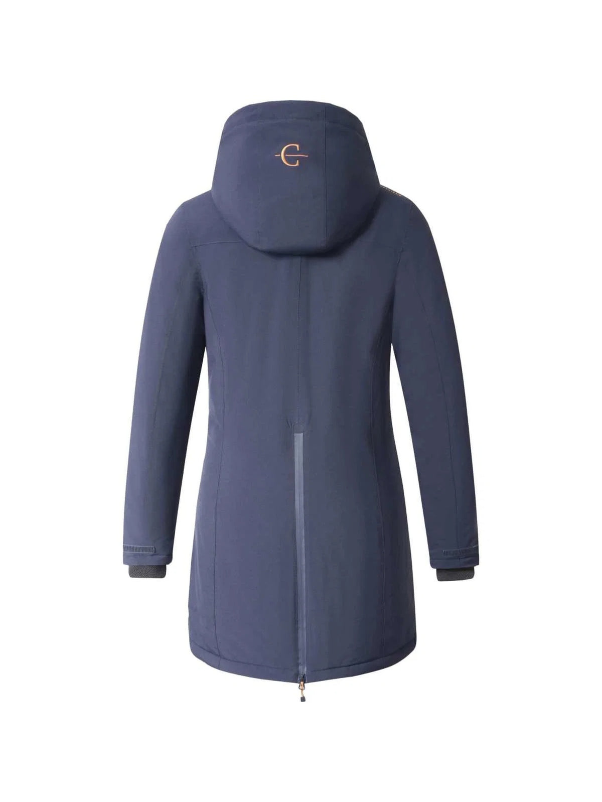 A women's hooded jacket shown from the back, in a dark slate blue color with a small orange embroidered logo on the back of the hood. The jacket features a full front zipper, long sleeves, and adjustable cuffs.