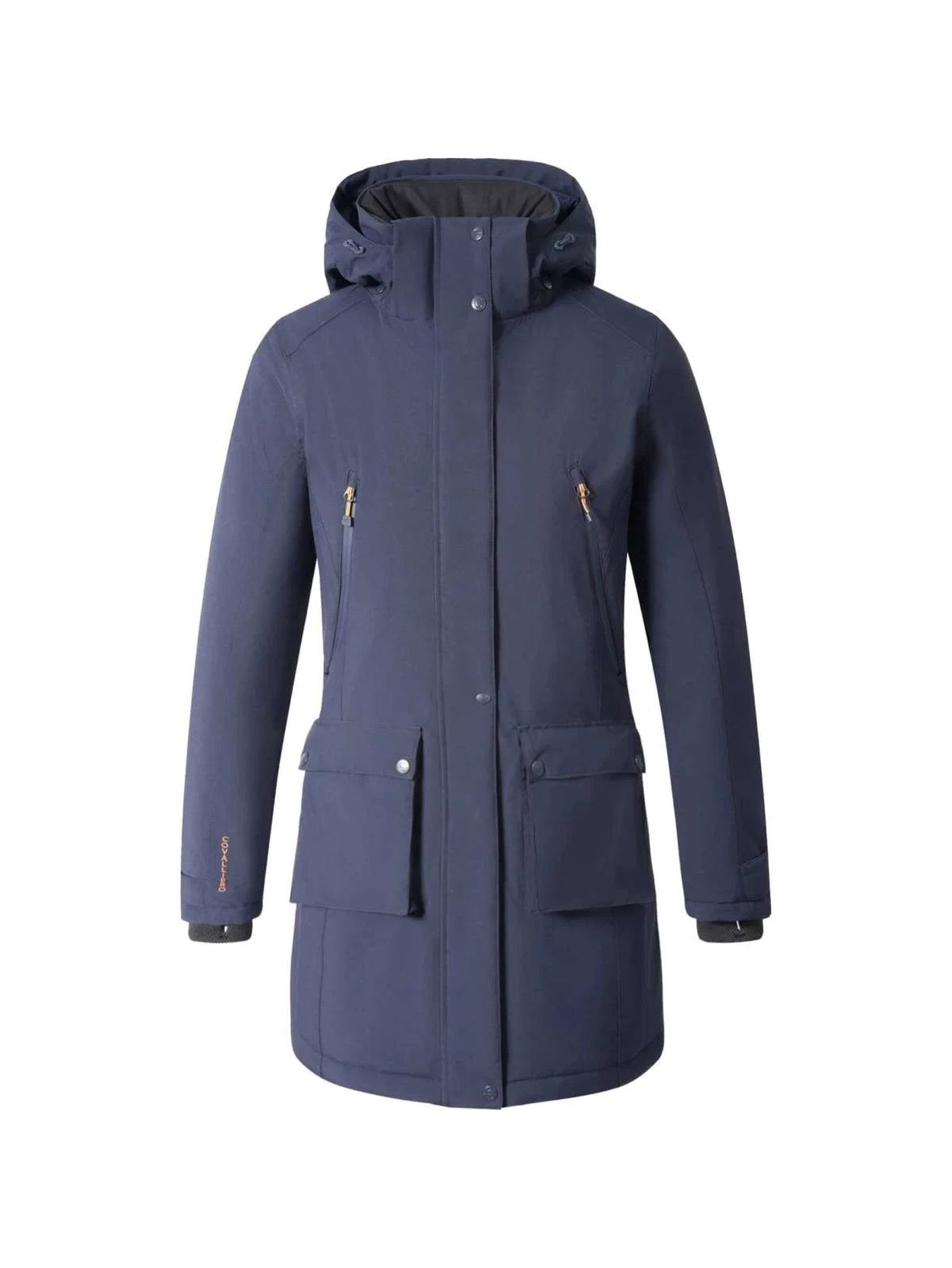 A navy blue hooded winter parka jacket with multiple zippered pockets and flap pockets, shown on a plain white background.