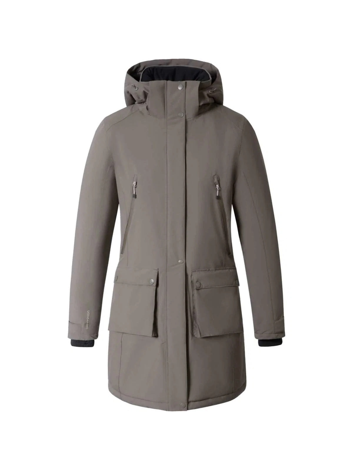 A mid-length hooded parka jacket in a muted taupe-gray color, featuring a full front zipper, zippered chest pockets, and large front flap pockets, shown against a plain white background.