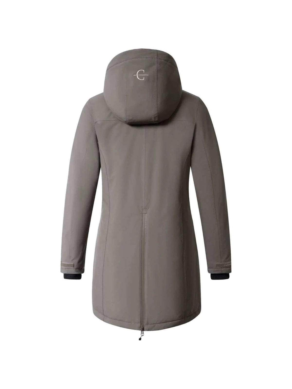 A women's hooded jacket shown from the back, featuring a smooth matte finish, a central zipper, and a small white circular logo on the back of the hood. The jacket is a muted taupe-gray color.