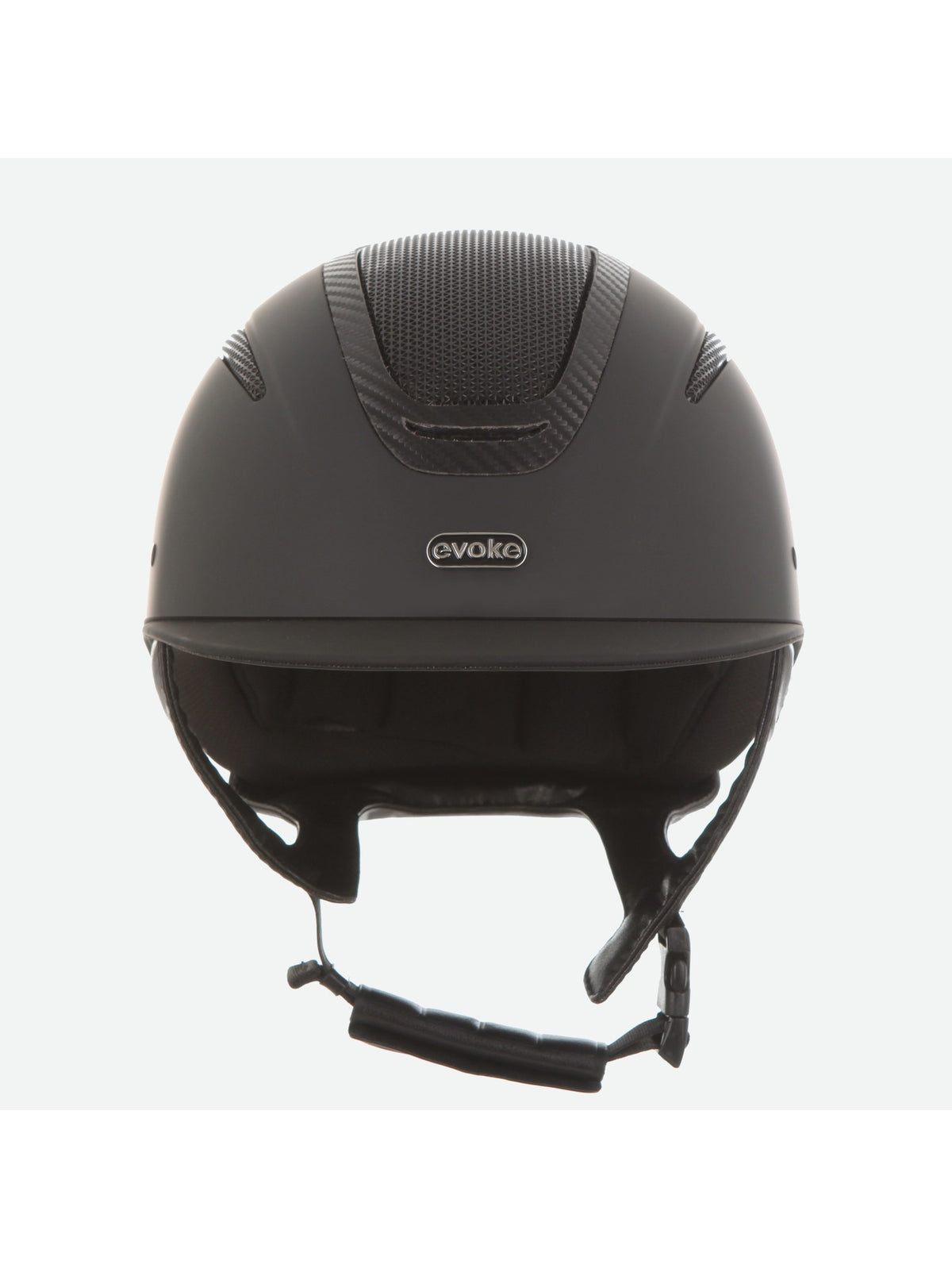 A matte black Evoko equestrian riding helmet shown from the front against a light gray background.