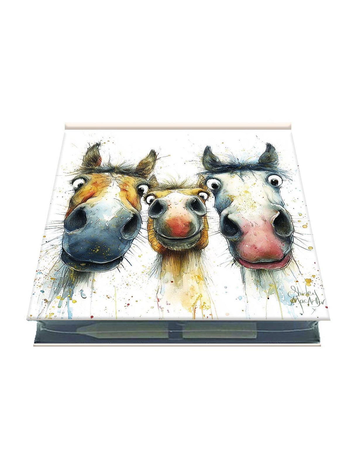 A square canvas print featuring a whimsical watercolor painting of three horse faces with expressive eyes and colorful paint splatters, shown hanging on a white wall.