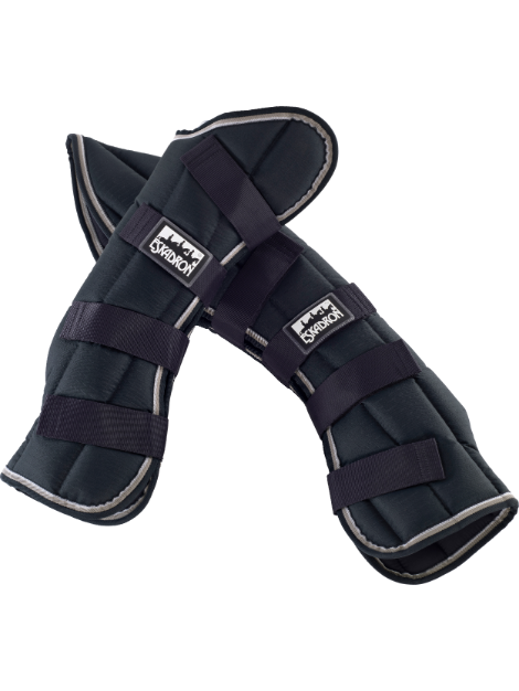 Pair of navy blue protective horse boots in ripstop fabric with brand logo on a white background